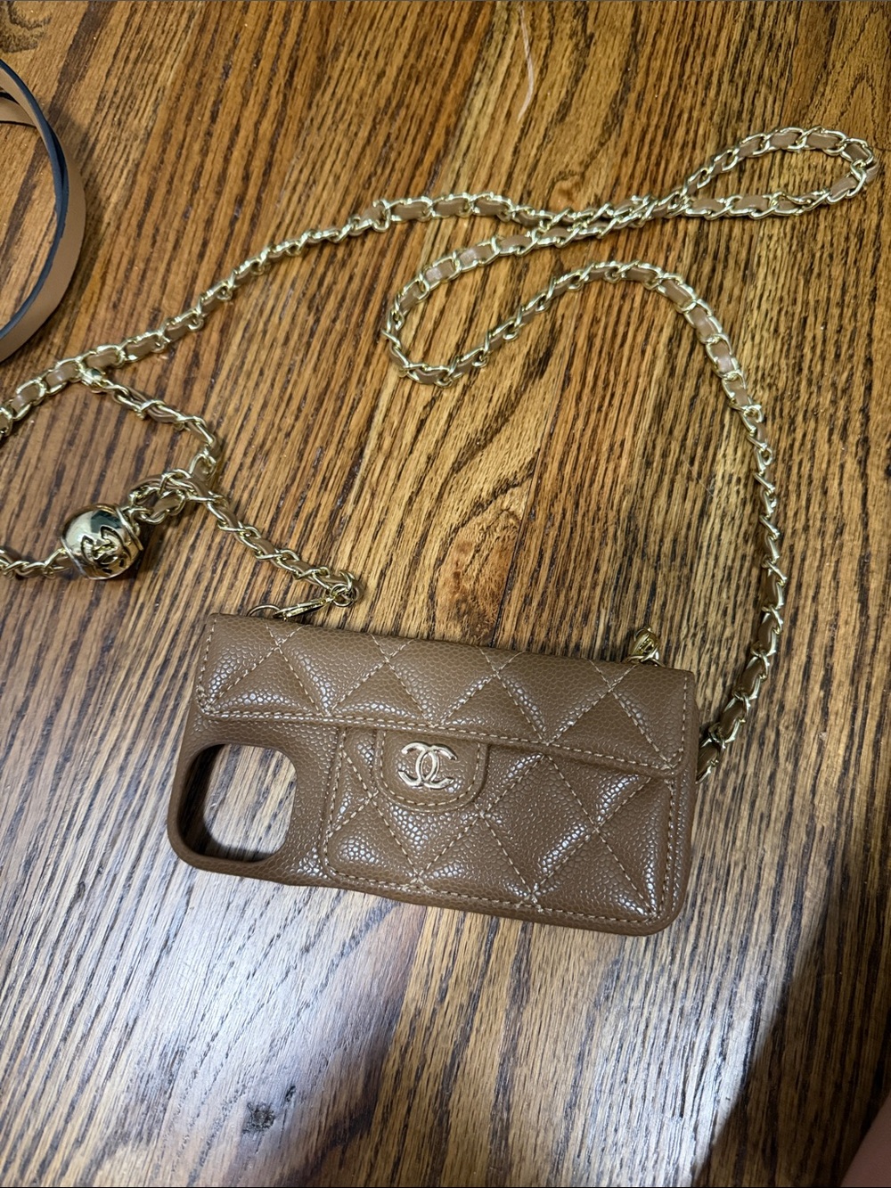 Quilted tan Crossbody Phone Case with Gold Chain
